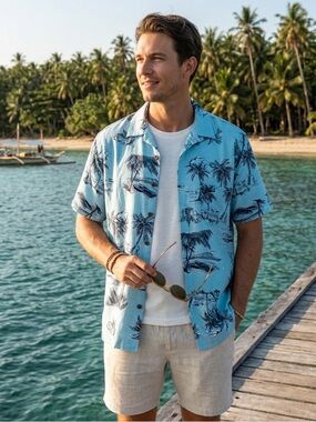 George Light Blue Palm-Print Short Sleeve Button-Down Shirt